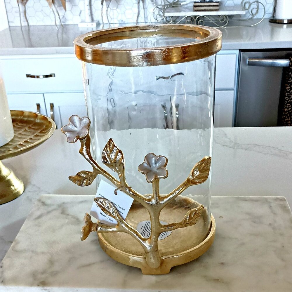 NEW! EXQUISITE CAST METAL RAISED Floral & GLASS CANDLE HOLDER